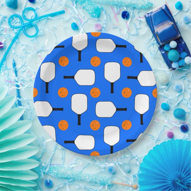 Pickleball Paddles, Orange Pickleball Balls, Blue Paper Plates (Party)