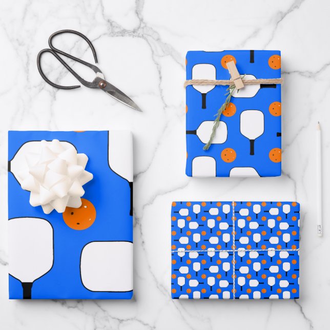 Pickleball Paddles, Orange Pickleball Balls, Blue Wrapping Paper Sheets (Front)