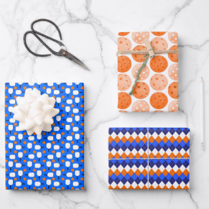 Pickleball Paddles, Orange Pickleball Balls, Blue Wrapping Paper Sheets