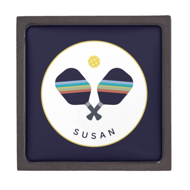 Pickleball Paddles Personalized Name Blue Yellow Gift Box (Front)