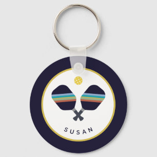 Pickleball Paddles Personalized Name Blue Yellow Keychain