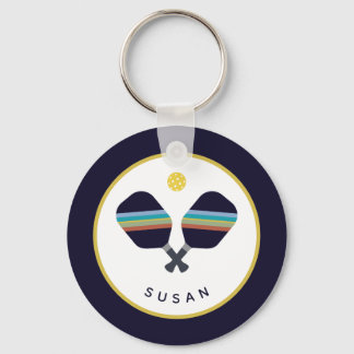 Pickleball Paddles Personalized Name Blue Yellow Keychain