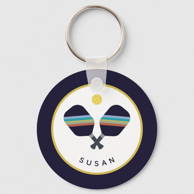Pickleball Paddles Personalized Name Blue Yellow Keychain (Front)