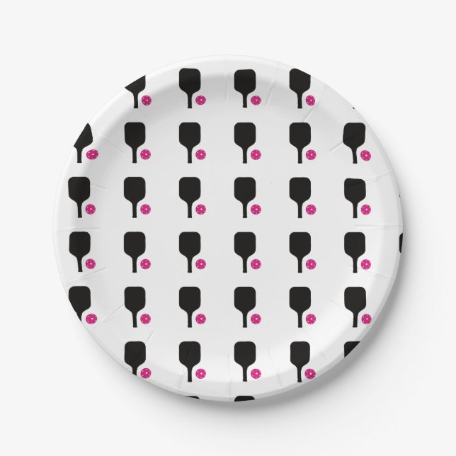 Pickleball paddles & pink balls paper plates (Front)