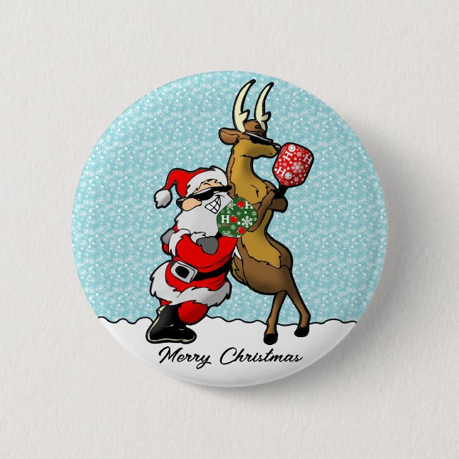 Pickleball Partners Santa & Reindeer Sleighing It Button (Front)