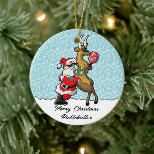 Pickleball Partners Santa  Reindeer Sleighing It Ceramic Ornament