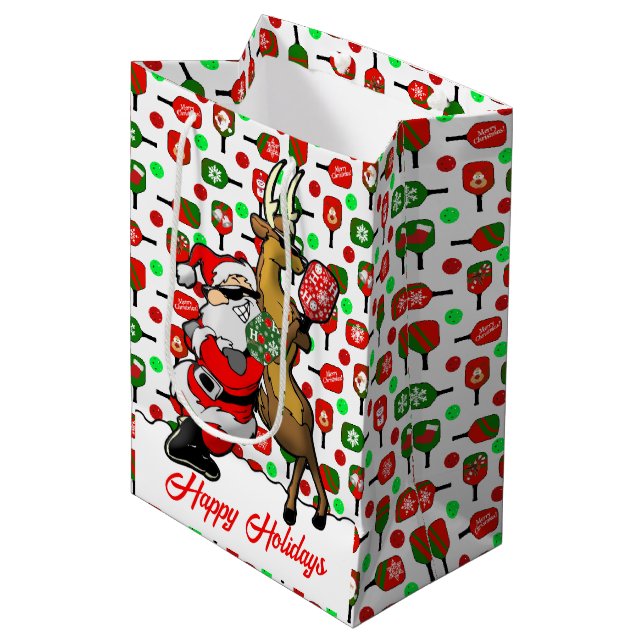 Pickleball Partners Santa & Reindeer Sleighing It  Medium Gift Bag (Front Angled)