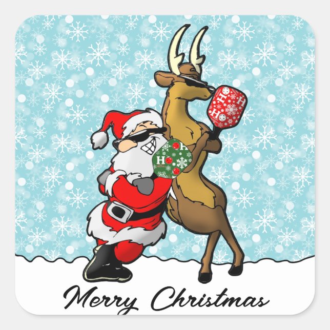 Pickleball Partners Santa & Reindeer Sleighing It Square Sticker (Front)