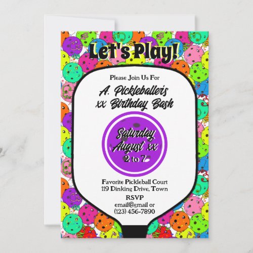 Pickleball Party Balloons Confetti Purple Photo Invitation