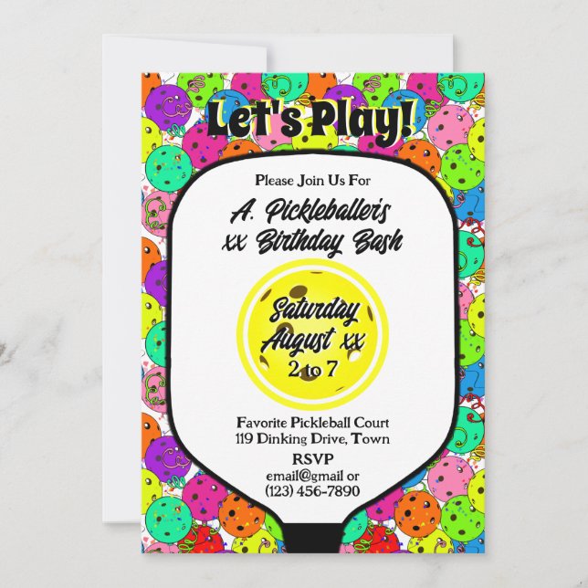 Pickleball Party Balloons Confetti Yellow Photo Invitation (Front)