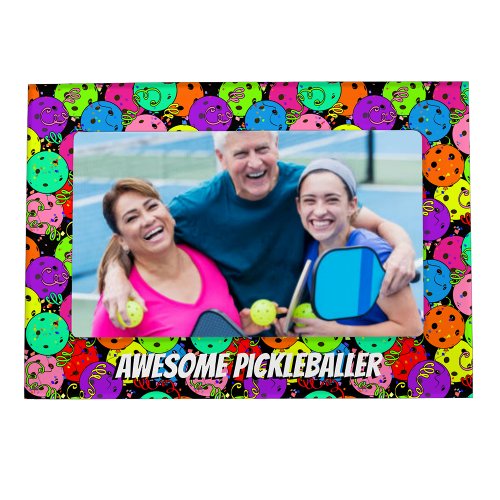 Pickleball Party Balloons on Black Personalize  Magnetic Frame
