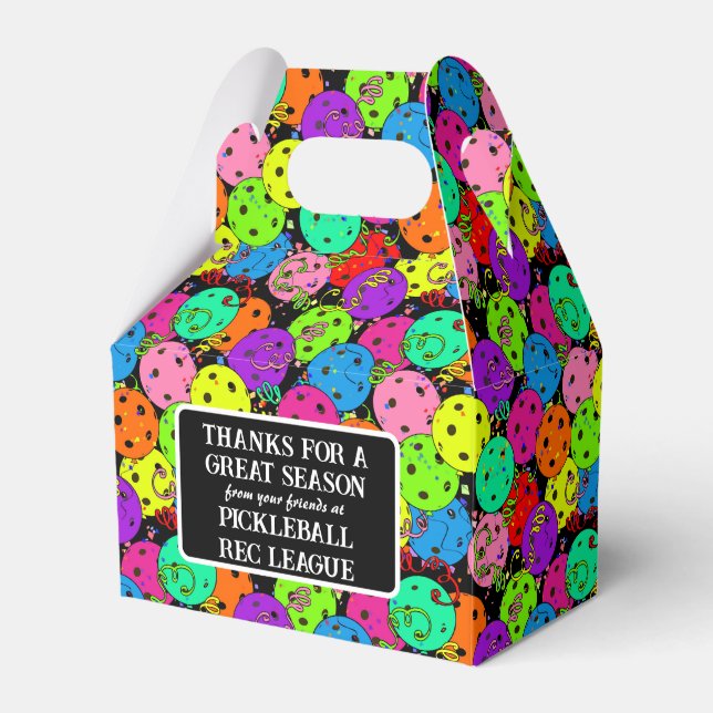 Pickleball Party Balloons on Black Thank You Favor Boxes (Front Side)