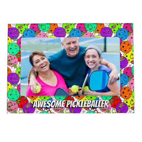 Pickleball Party Balloons on White Personalize  Magnetic Frame