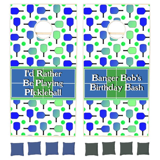 Pickleball Party Blue Green Paddles and Balls Cornhole Set (Set)