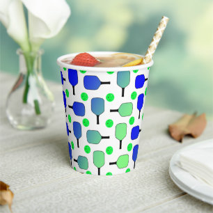 Pickleball Party Blue Green Paddles and Balls Paper Cups