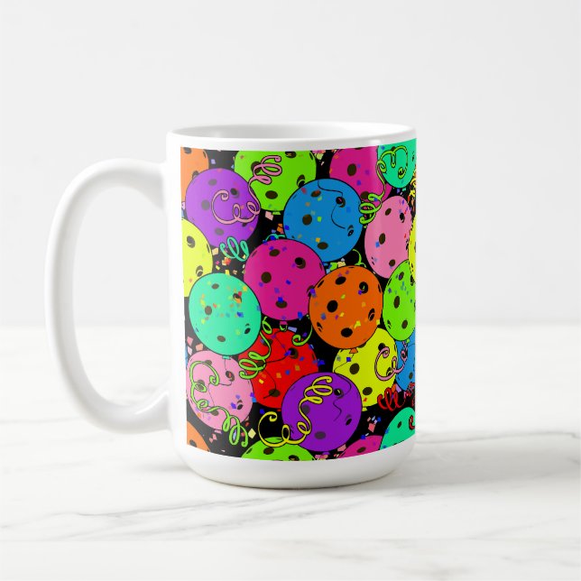 Pickleball Party Confetti and Balloons on Black Coffee Mug (Left)