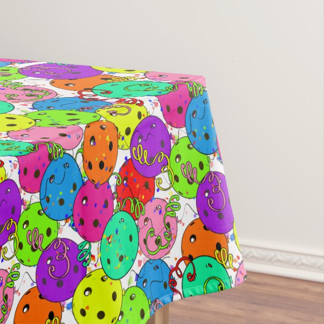 Pickleball Party Confetti and Balloons on White Tablecloth (In Situ)
