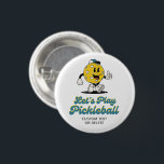 Pickleball Party Funny Pickleball Cartoon Mascot Button<br><div class="desc">A fun button for your next pickleball party or event. Design features a funny retro pickleball cartoon mascot wearing a cap and the words "Let's Play Pickleball". Easily add your own custom text or delete. Great for an adult or kid's pickleball birthday party, tournament or everyday fun at the PB...</div>