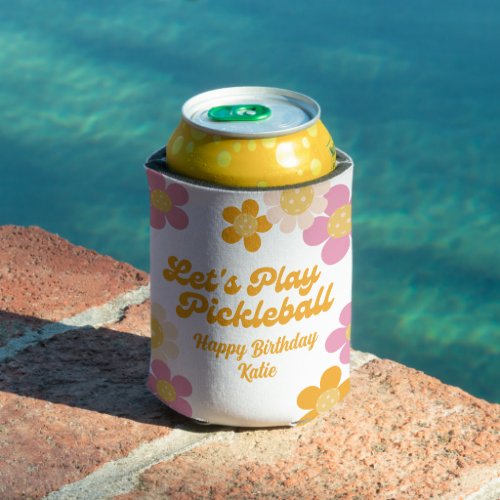 Pickleball Party Groovy Retro Pink Orange Flowers  Can Cooler