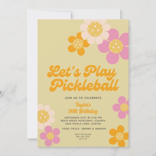 Pickleball Party Groovy Retro Pink Orange Flowers  Invitation
