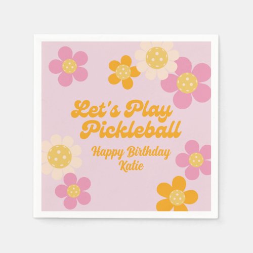 Pickleball Party Groovy Retro Pink Orange Flowers  Napkins