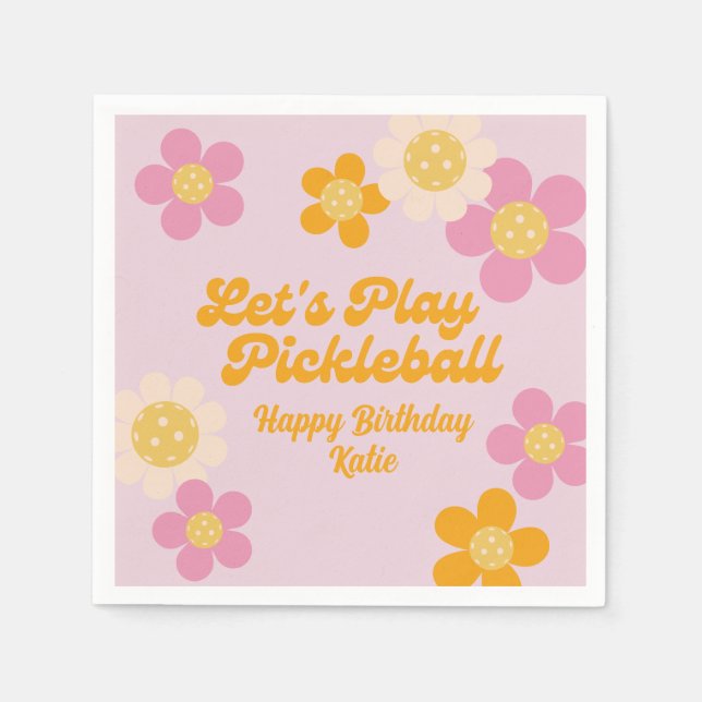 Pickleball Party Groovy Retro Pink Orange Flowers  Napkins (Front)