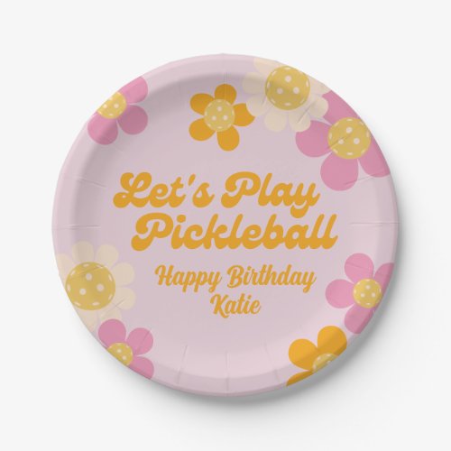 Pickleball Party Groovy Retro Pink Orange Flowers  Paper Plates