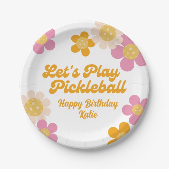 Pickleball Party Groovy Retro Pink Orange Flowers  Paper Plates (Front)