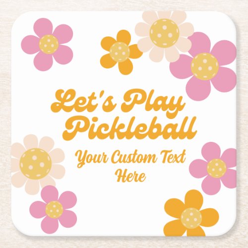 Pickleball Party Groovy Retro Pink Orange Flowers  Square Paper Coaster