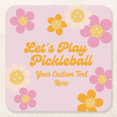Pickleball Party Groovy Retro Pink Orange Flowers  Square Paper Coaster