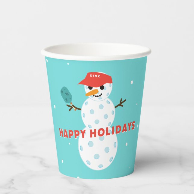 Pickleball Party Humorous Holiday Snowman Paper Cups (Front)