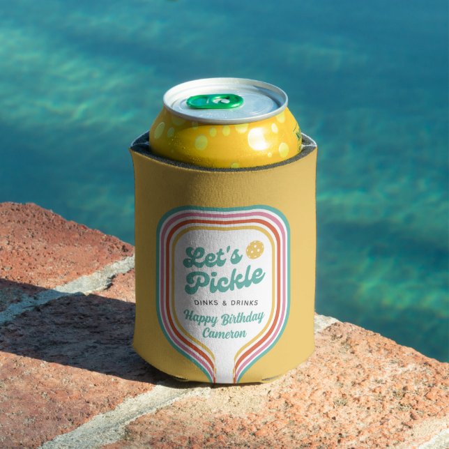 Pickleball Party Let's Pickle Retro Rainbow Stripe Can Cooler (In Situ Pool)