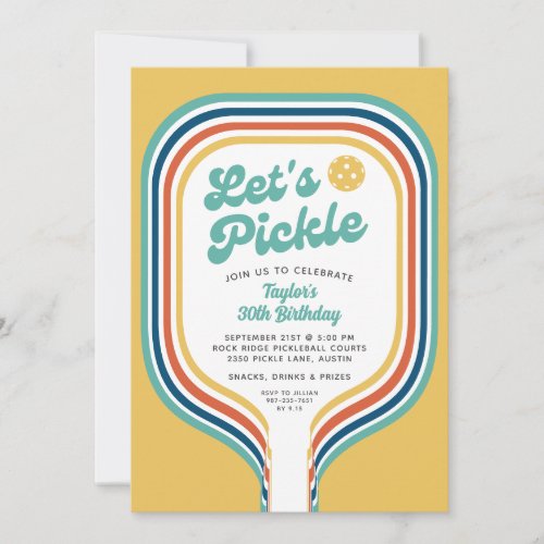 Pickleball Party Lets Pickle Retro Rainbow Stripe Invitation