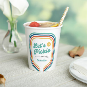 Pickleball Party Let's Pickle Retro Rainbow Stripe Paper Cups