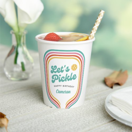 Pickleball Party Lets Pickle Retro Rainbow Stripe Paper Cups
