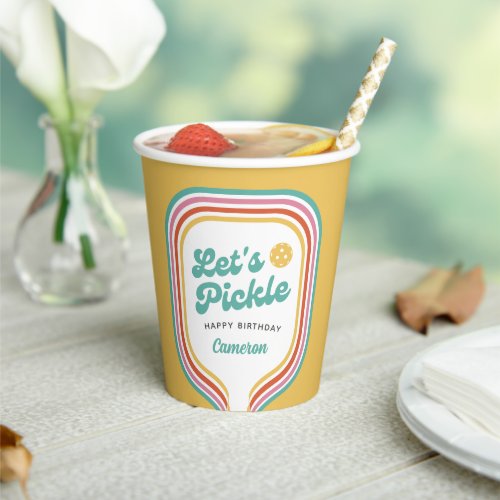 Pickleball Party Lets Pickle Retro Rainbow Stripe Paper Cups