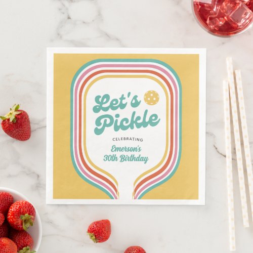 Pickleball Party Lets Pickle Retro Rainbow Stripe Paper Dinner Napkins