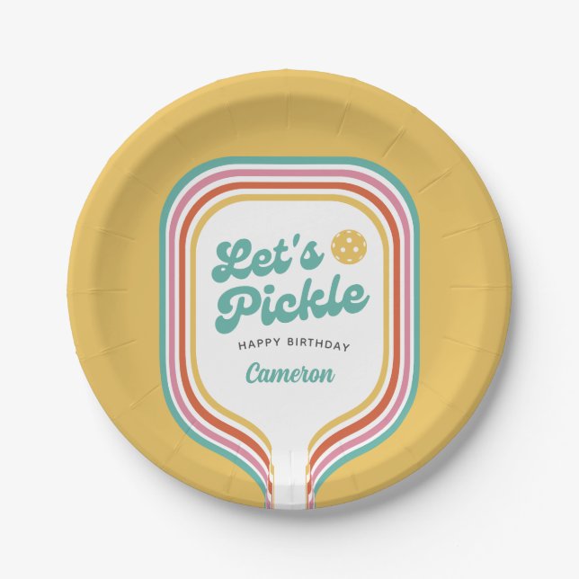 Pickleball Party Let's Pickle Retro Rainbow Stripe Paper Plates (Front)
