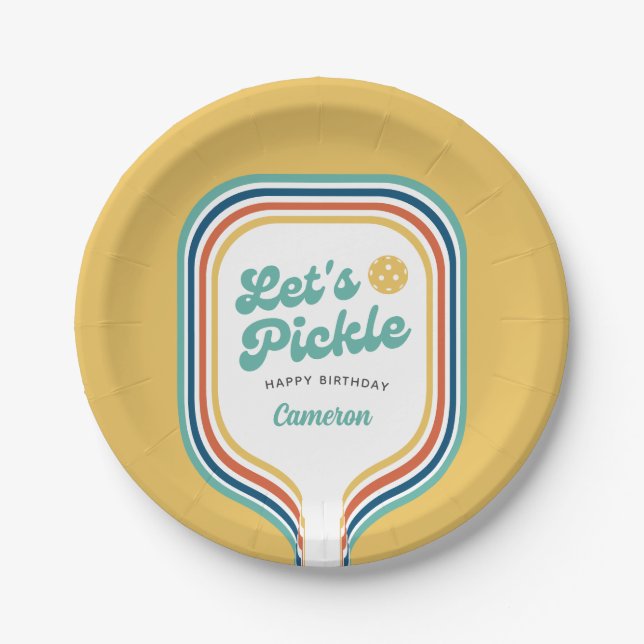 Pickleball Party Let's Pickle Retro Rainbow Stripe Paper Plates (Front)