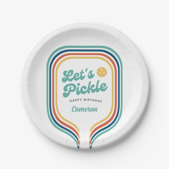 Pickleball Party Let's Pickle Retro Rainbow Stripe Paper Plates (Front)