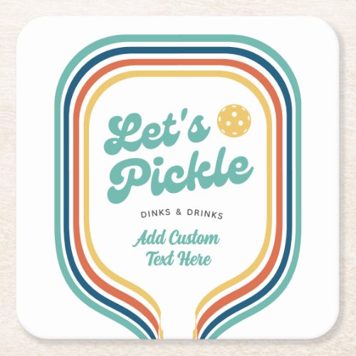 Pickleball Party Lets Pickle Retro Rainbow Stripe Square Paper Coaster