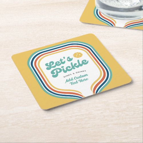 Pickleball Party Lets Pickle Retro Rainbow Stripe Square Paper Coaster