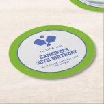 Pickleball Party Paddles Blue Green Custom Round Paper Coaster<br><div class="desc">Super fun paper coasters for your next pickleball party or special event. Design features 2 crossed blue pickleball paddles and a ball. Easily add all your custom text and change the colors too! Great for an adult pickleball birthday party, pickleball weekend gathering, getaway, pickleball club party, special event, fundraiser, tournament,...</div>