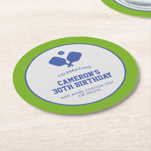 Pickleball Party Paddles Blue Green Custom Round Paper Coaster (Angled)