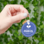 Pickleball Party Paddles Blue White Custom Keychain<br><div class="desc">Super fun pickleball keychain. Design features 2 crossed white pickleball paddles and a ball. Easily add your custom text and change the colors too! Great for an adult pickleball birthday party favor, pickleball weekend gathering, getaway, pickleball club party, special event, fundraiser, tournament, hostess gift or everyday fun. Pickleball - the...</div>