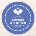 Pickleball Party Paddles Blue White Custom Round Paper Coaster<br><div class="desc">Super fun paper coasters for your next pickleball party or special event. Design features 2 crossed white pickleball paddles and a ball. Easily add all your custom text and change the colors too! Great for an adult pickleball birthday party, pickleball weekend gathering, getaway, pickleball club party, special event, fundraiser, tournament,...</div>