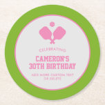 Pickleball Party Paddles Pink Green Custom Round Paper Coaster<br><div class="desc">Super fun paper coasters for your next pickleball party or special event. Design features 2 crossed pink pickleball paddles and a ball. Easily add all your custom text and change the colors too! Great for an adult pickleball birthday party, pickleball weekend gathering, getaway, pickleball club party, special event, fundraiser, tournament,...</div>