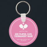 Pickleball Party Paddles Pink White Custom Keychain<br><div class="desc">Super fun pickleball keychain. Design features 2 crossed white pickleball paddles and a ball. Easily add your custom text and change the colors too! Great for an adult pickleball birthday party favor, pickleball weekend gathering, getaway, pickleball club party, special event, fundraiser, tournament, hostess gift or everyday fun. Pickleball - the...</div>
