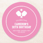 Pickleball Party Paddles Pink White Custom Round Paper Coaster<br><div class="desc">Super fun paper coasters for your next pickleball party or special event. Design features 2 crossed white pickleball paddles and a ball. Easily add all your custom text and change the colors too! Great for an adult pickleball birthday party, pickleball weekend gathering, getaway, pickleball club party, special event, fundraiser, tournament,...</div>