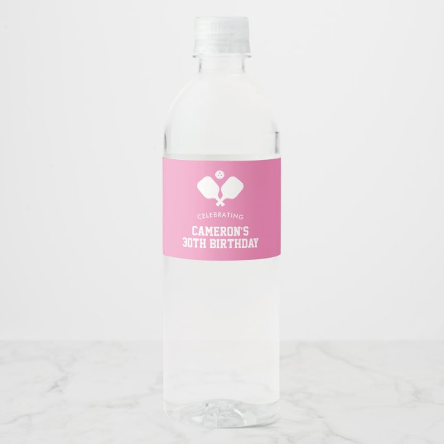 Pickleball Party Paddles Pink White Custom Water Bottle Label (Front)